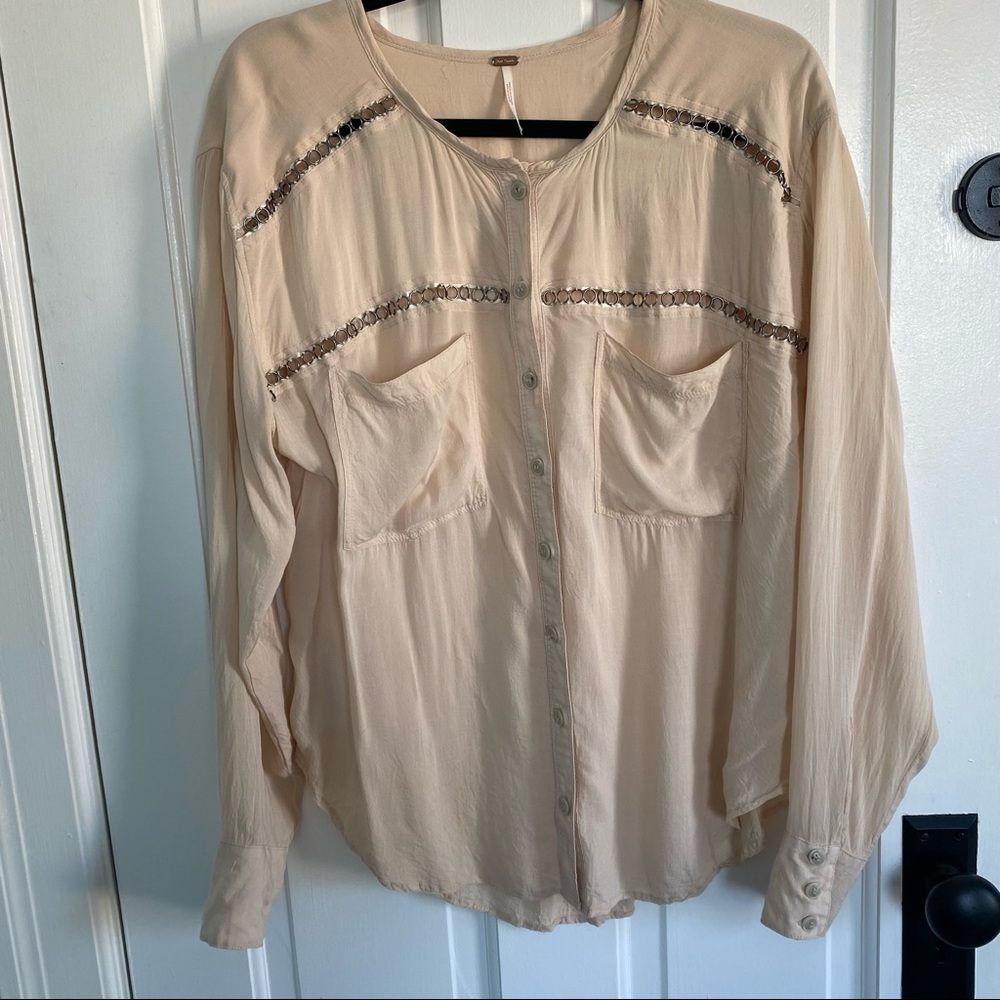 Free People Cream Ring Embroidered Button Down
